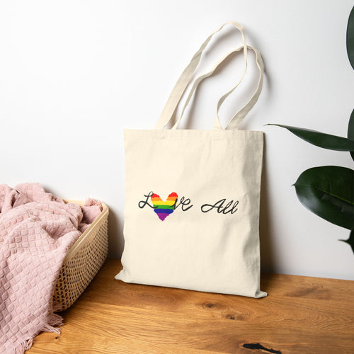 Love All Rainbow Heart Tote Bag - Pride Canvas Shopping Tote