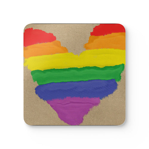4 Piece - LGBTQ Pride Month Corkwood Coaster Set Hand Painted Rainbow Heart