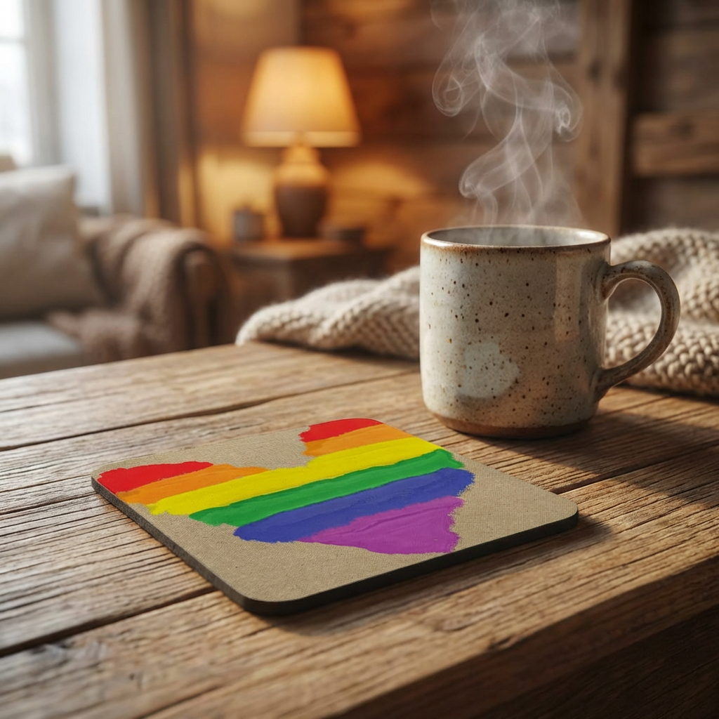 4 Piece - LGBTQ Pride Month Corkwood Coaster Set Hand Painted Rainbow Heart