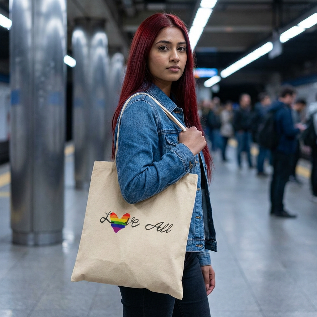 Love All Rainbow Heart Tote Bag - Pride Canvas Shopping Tote