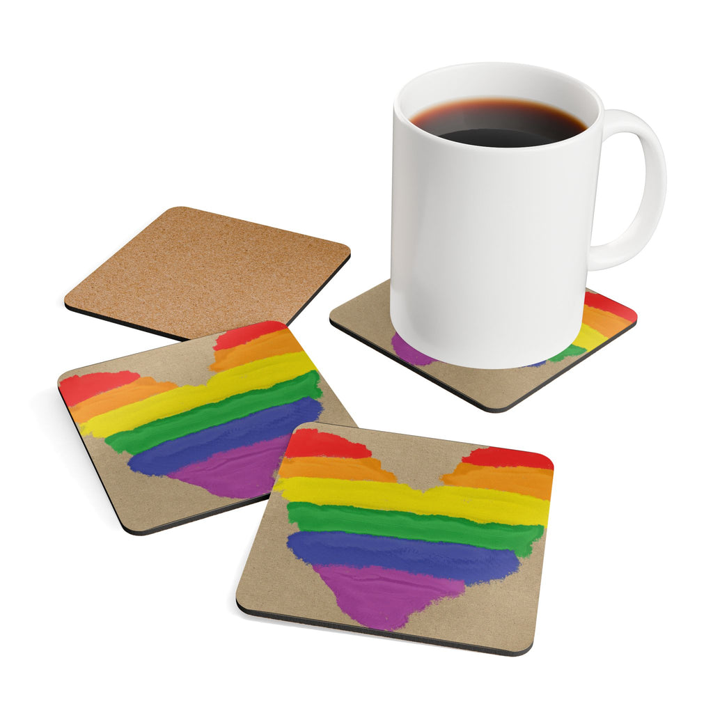 4 Piece - LGBTQ Pride Month Corkwood Coaster Set Hand Painted Rainbow Heart