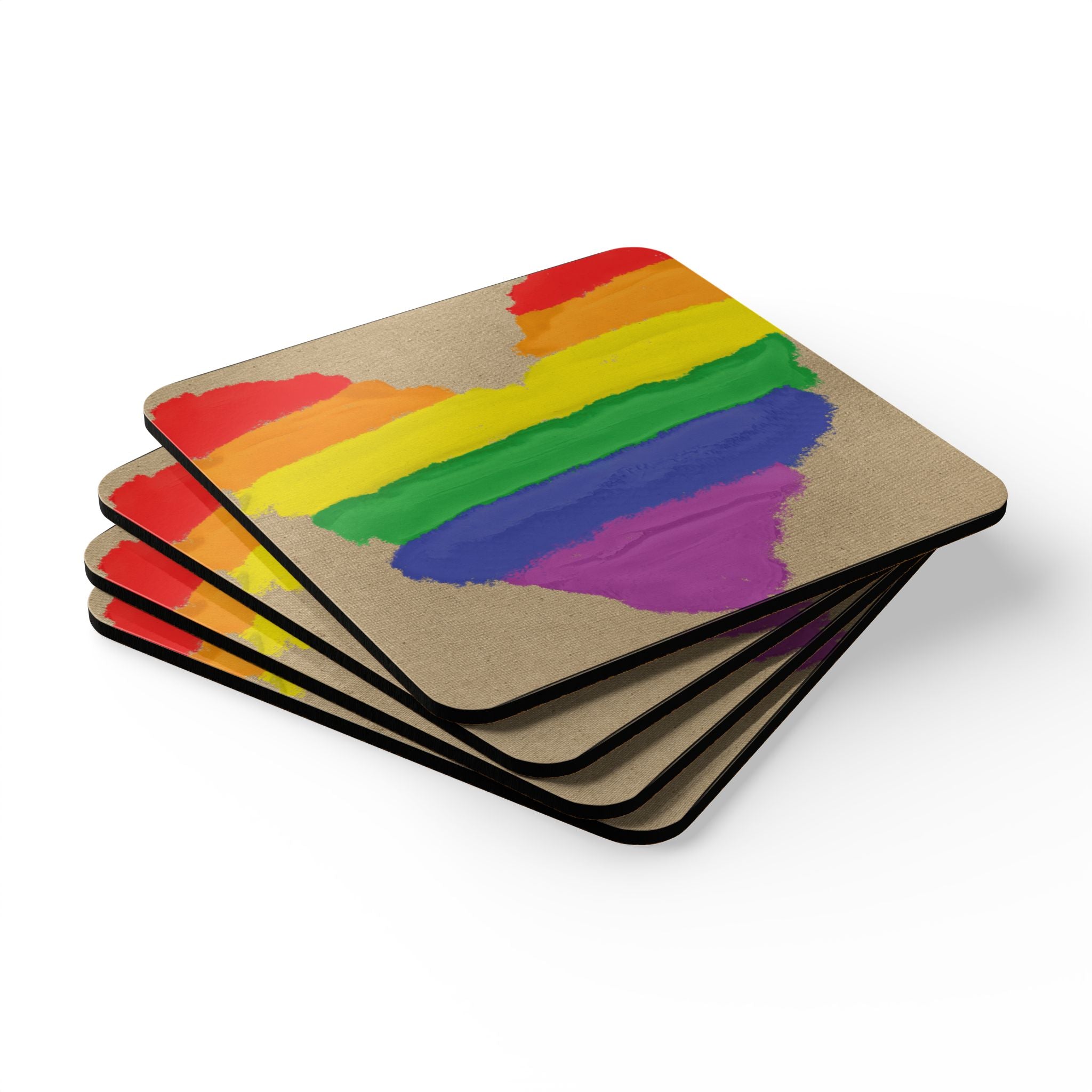 4 Piece - LGBTQ Pride Month Corkwood Coaster Set Hand Painted Rainbow Heart